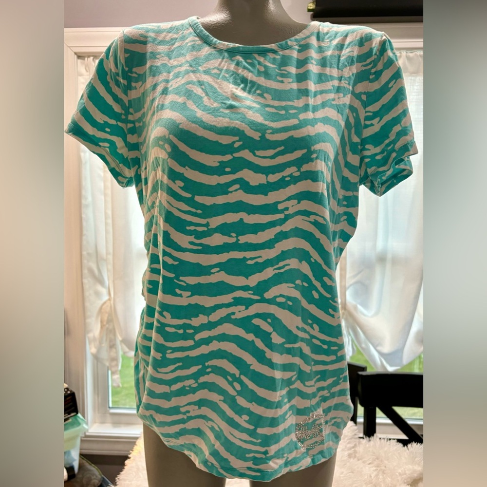 MICHAEL KORS Aqua Zebra Print Top XL | Ruched Side MK Logo Tee - Picture 2 of 9